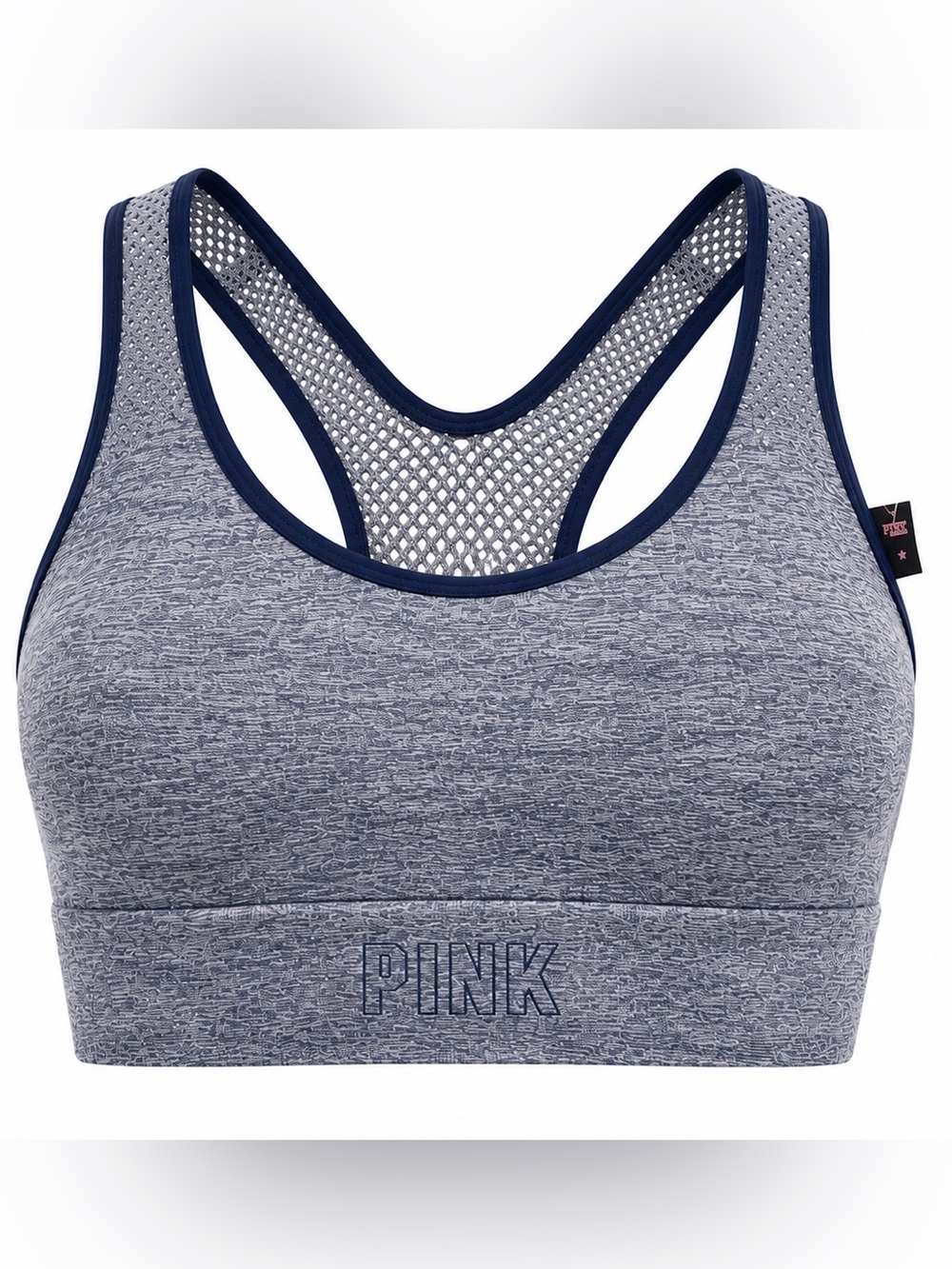 PINK Victoria's Secret Heathered Blue-Gray Mesh Racerback Sports Bra